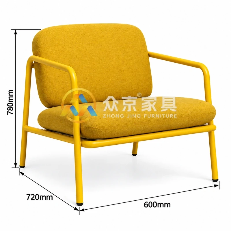 黄色金属框架软包扶手椅,宽坐垫与圆管扶手设计,尺寸600×720×780mm.webp