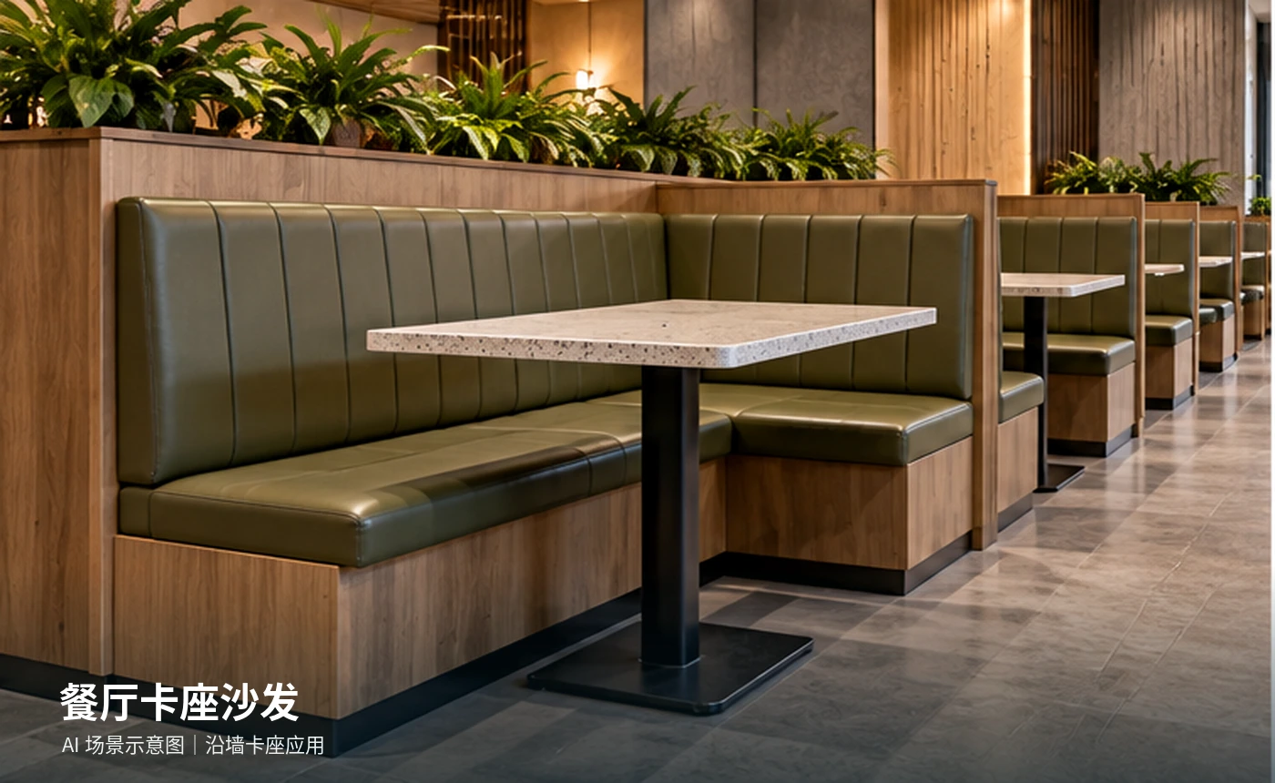 商用餐厅卡座沙发应用场景 餐厅沿墙绿色软包卡座沙发与配套餐桌空间示意