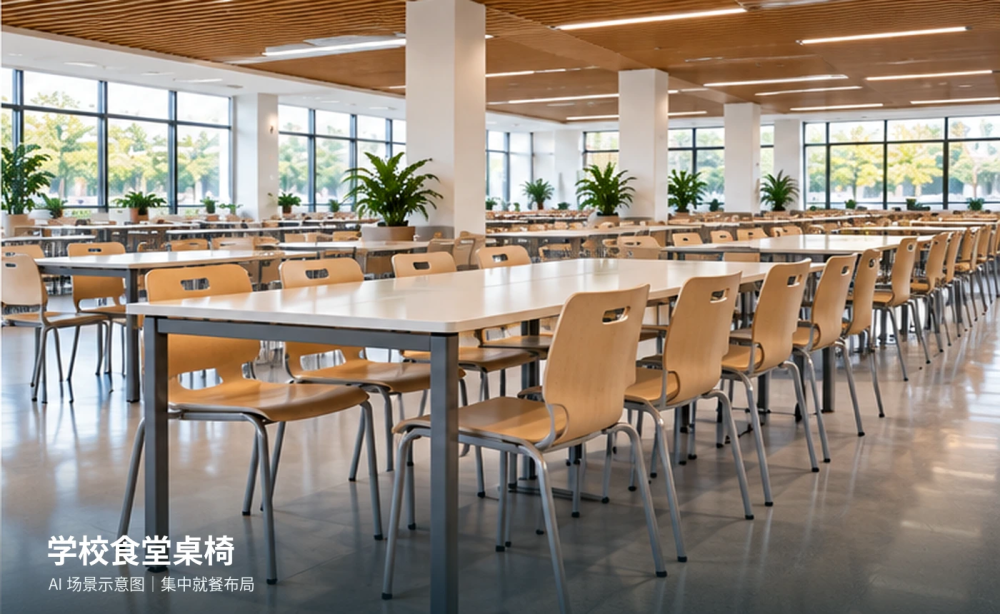 学校食堂桌椅布局场景 明亮学校食堂成排木质座椅和长餐桌场景示意