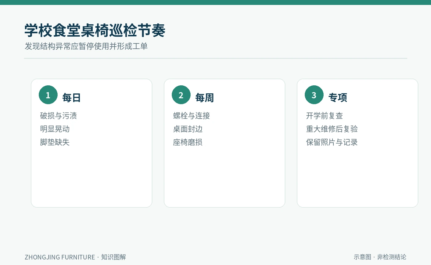食堂餐桌椅安全巡检安排 学校食堂桌椅每日每周专项巡检维护清单图