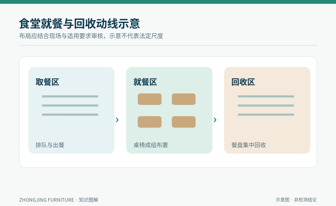学校食堂就餐与回收动线规划 食堂取餐就餐餐盘回收三区域人员动线示意图