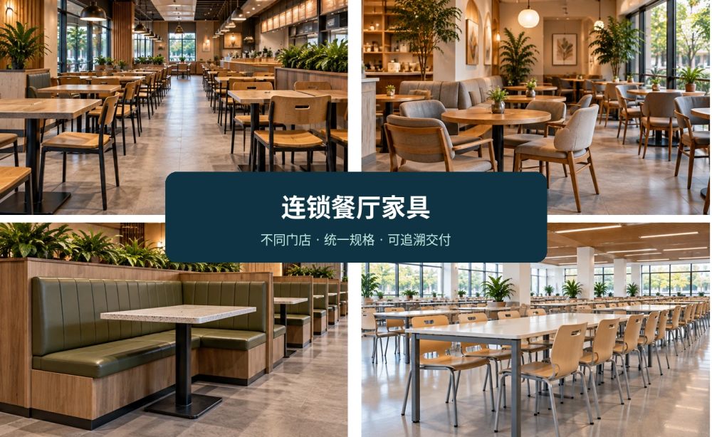 多种连锁餐厅桌椅卡座与食堂座位标准化组合示意图