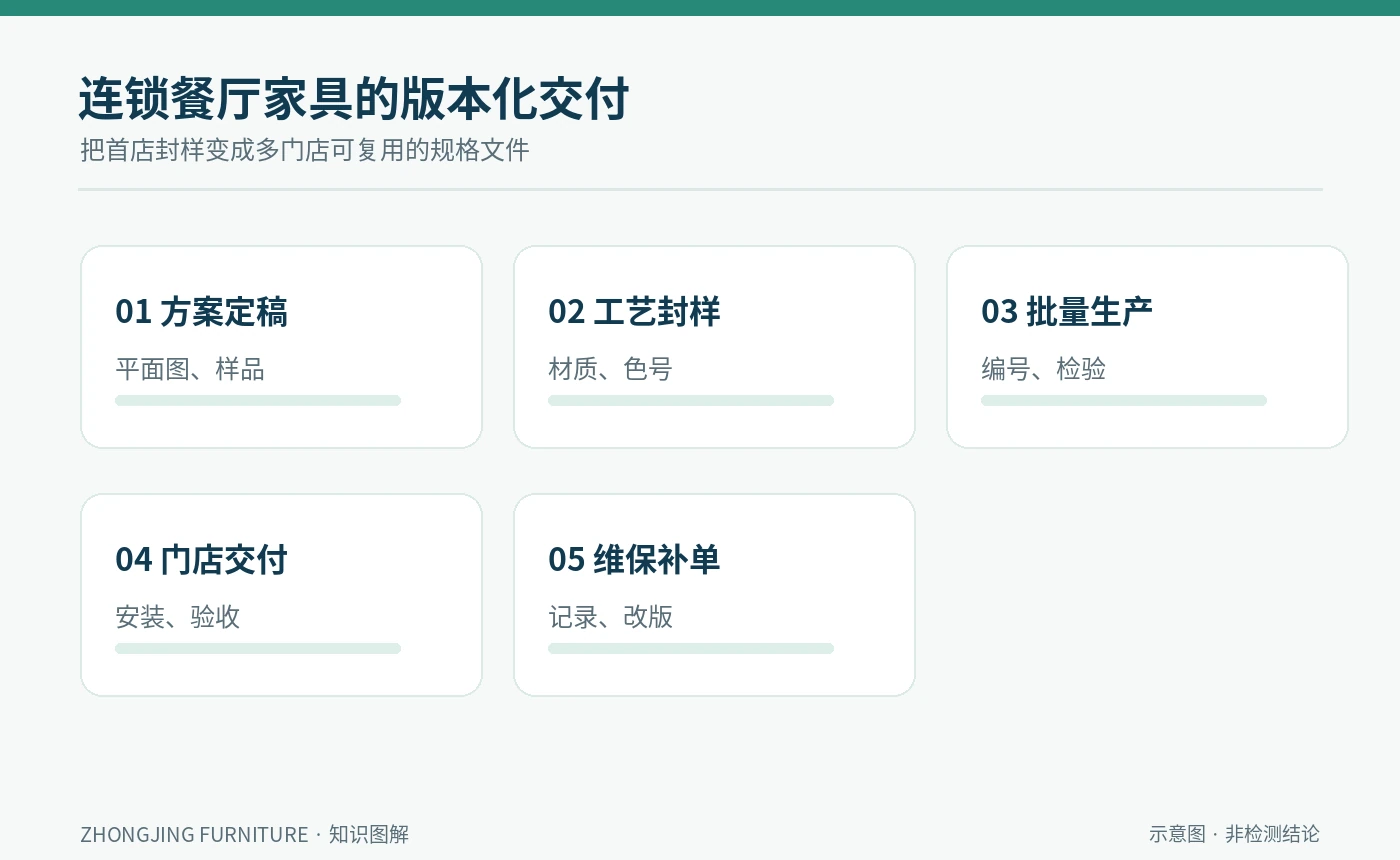 连锁餐厅家具首店封样量产交付维保五阶段图
