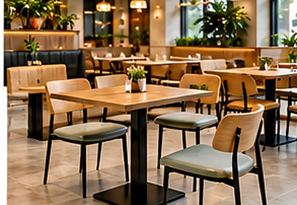 商用餐饮桌椅实景效果图:浅木纹餐桌与黑色金属餐椅 Modern commercial restaurant with oak dining tables and black metal chairs