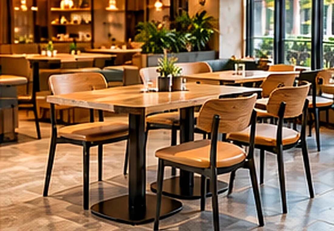 餐厅桌椅布局效果图:明亮空间与通行动线 Open-plan casual restaurant showing practical dining chair and table arrangement