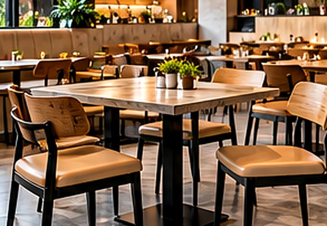 餐饮桌椅搭配效果图:木质餐桌与软包餐椅 Wooden restaurant table and comfortable beige seating in modern dining room
