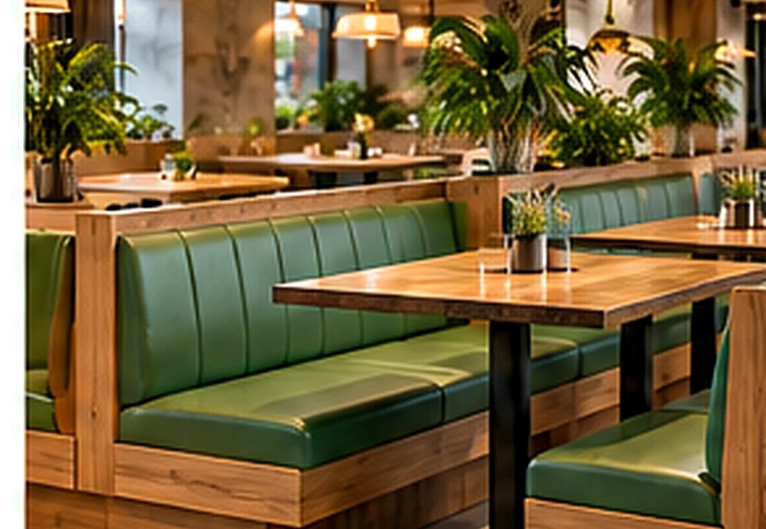 定制卡座沙发效果图:靠墙长卡座与木作结构 Contemporary restaurant banquette seating with green cushions and natural wood finishes