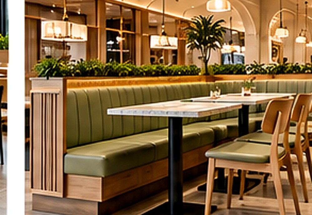 餐厅卡座沙发实景效果图:绿色软包卡座与木纹餐桌 Green upholstered restaurant booth with wooden dining table in welcoming cafe
