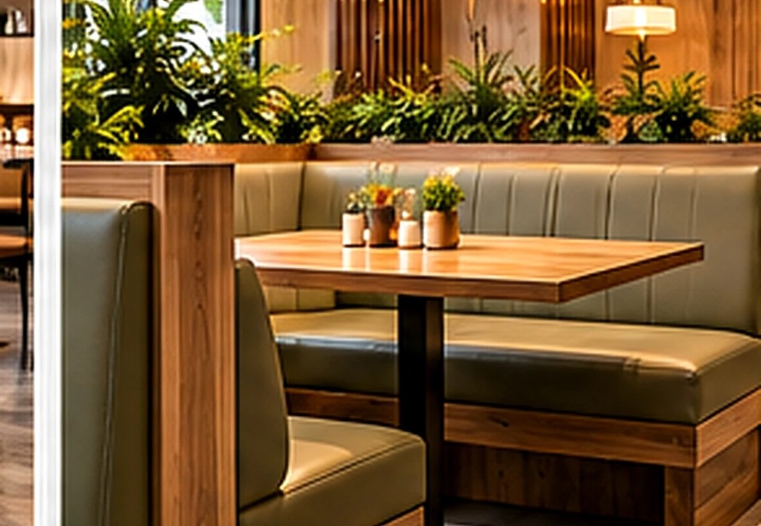 双面餐厅卡座搭配效果图:软包座椅与桌面细节 Close view of double restaurant booth seats and easy-clean dining table