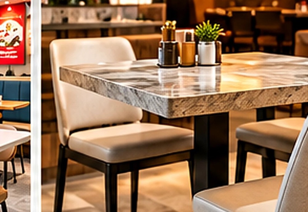 快餐店桌面材质效果图:浅色易清洁餐桌 Casual fast service dining area with accessible seating and easy-clean tabletop