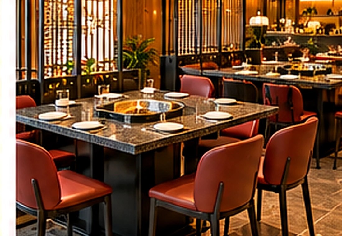 快餐桌椅布局效果图:紧凑桌位与服务动线 Busy-style quick service restaurant seating layout with compact dining tables