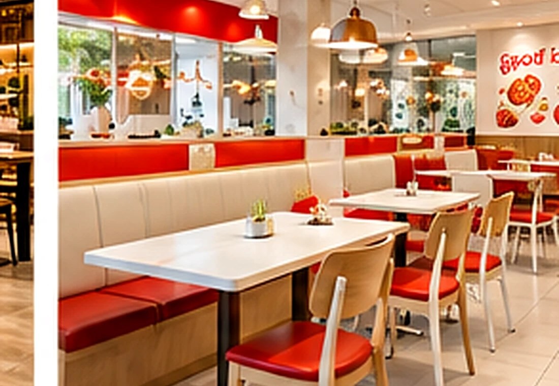 快餐店桌椅实景效果图:红白配色座位和取餐区域 Bright fast food restaurant with red booth seating and white dining tables