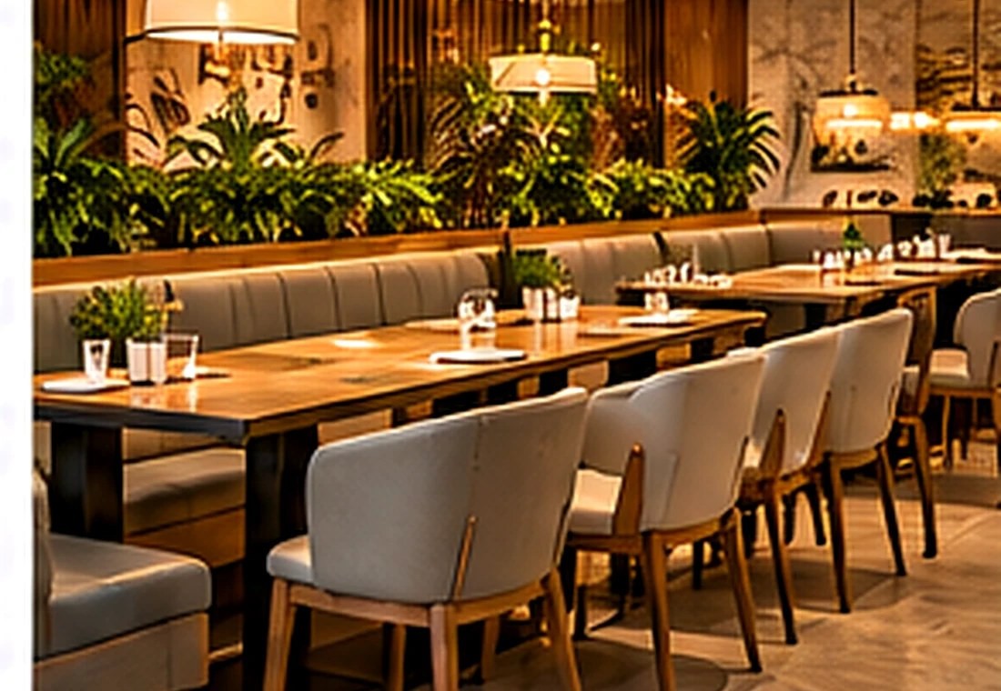 Restaurant interior combining wooden tabletops upholstered seating and planted dividers