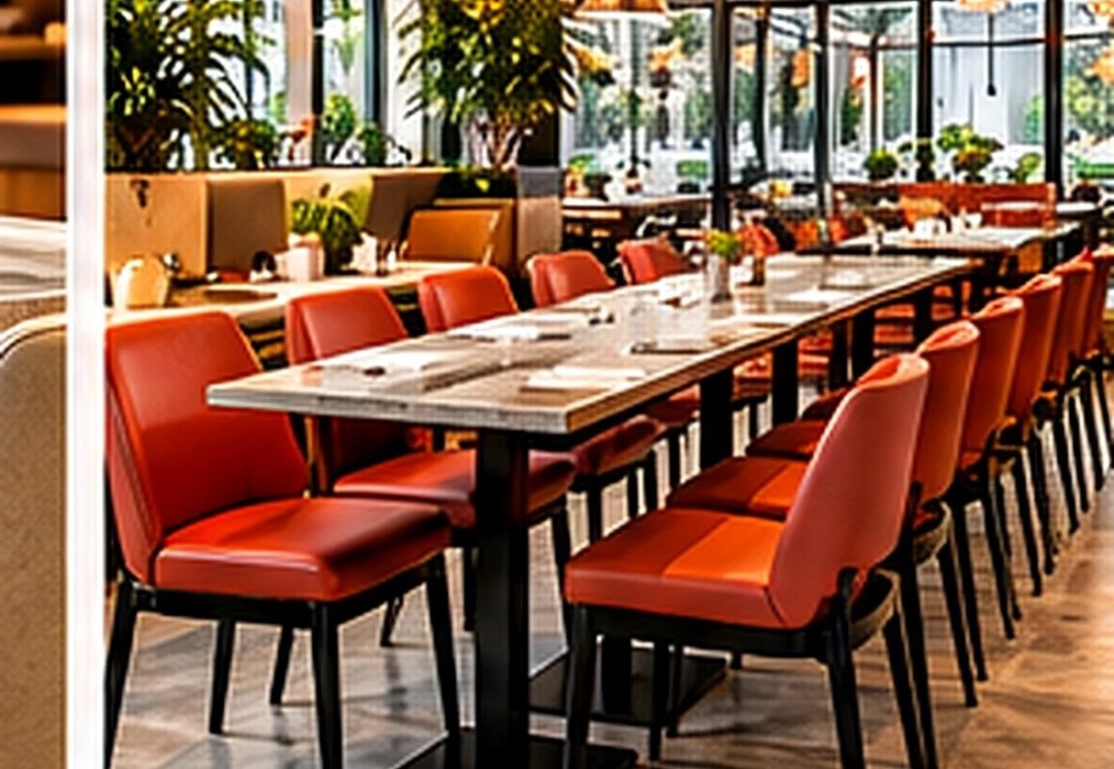 Long restaurant communal table with upholstered metal-framed chairs