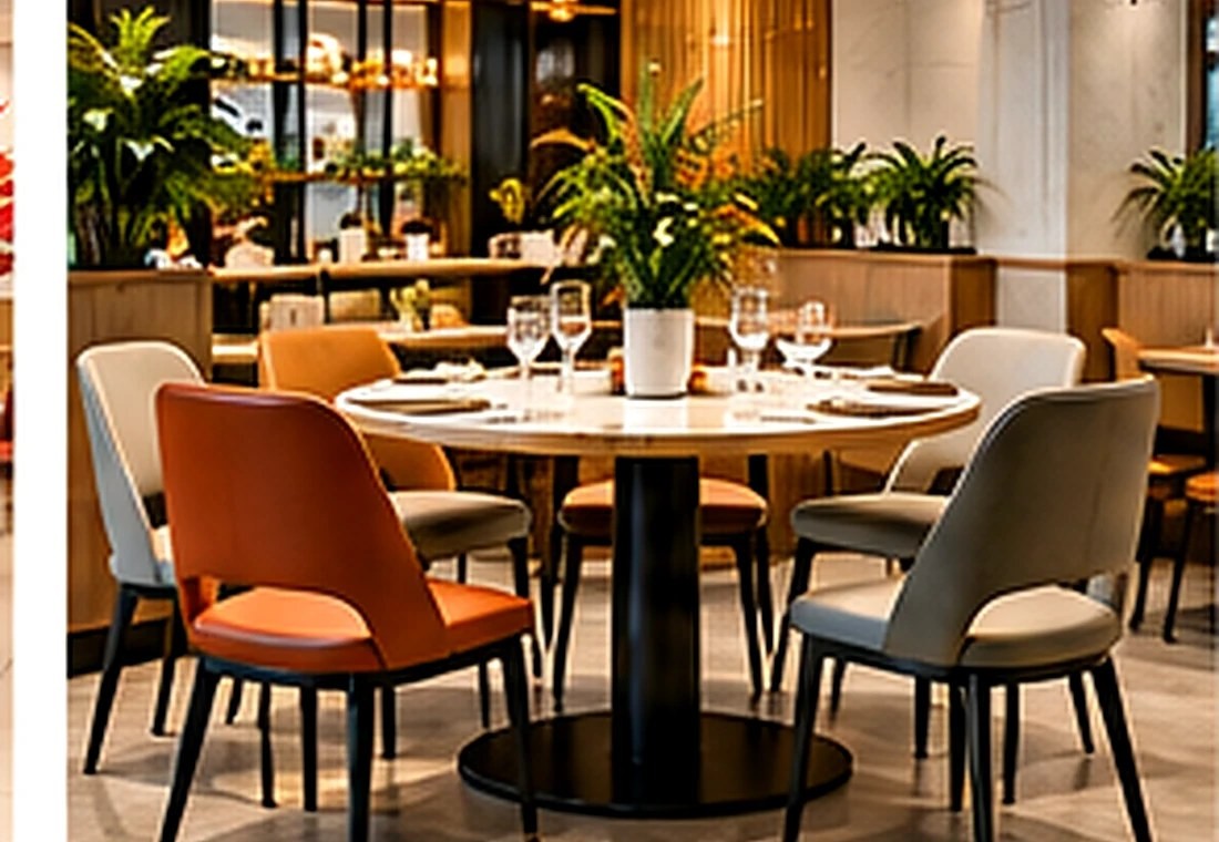 Dining area featuring stone-effect table and a mix of upholstered restaurant chairs