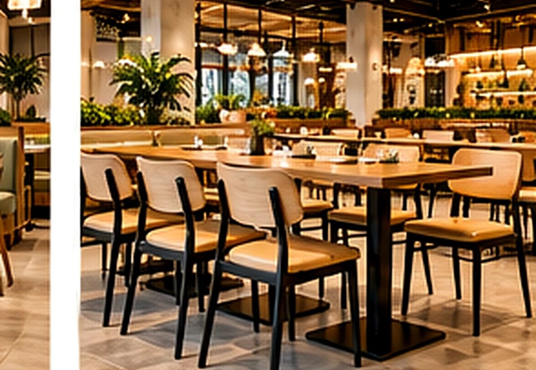 Multi-table commercial restaurant design with matching chairs for chain restaurants
