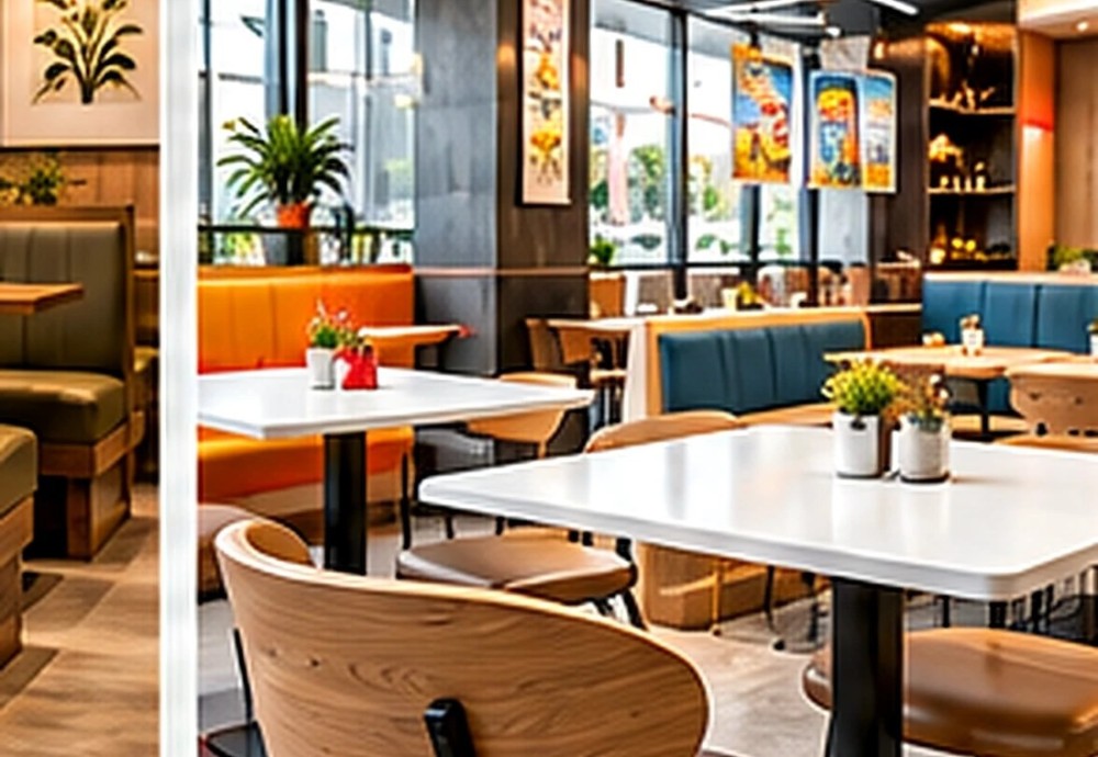 Fast casual restaurant seating with standardized tables and chair finishes